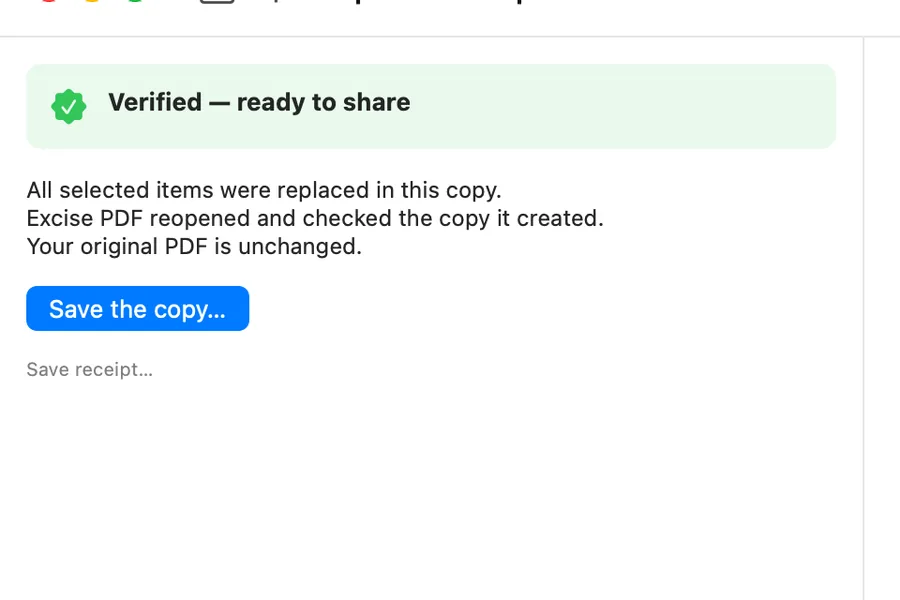 The current Ready panel after a completed Mac run, reporting a Verified result for the checked copy.
