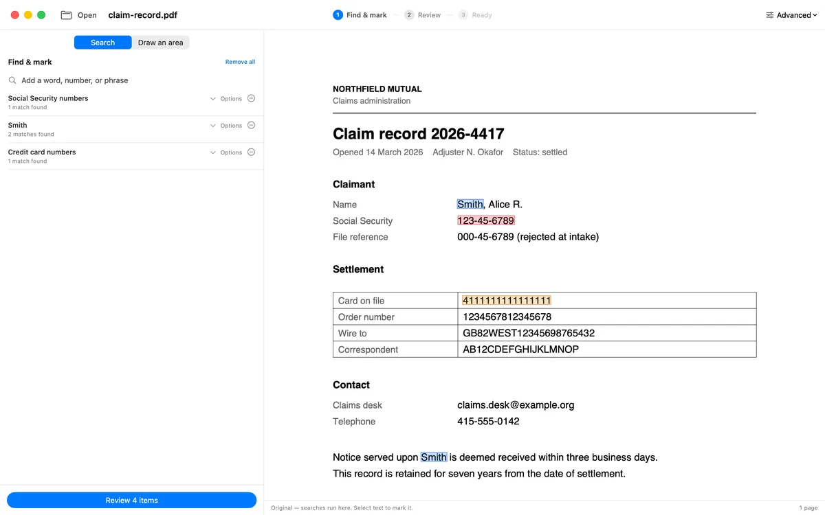 Rules in the sidebar with their replacements and exemption codes, the document in the middle, and every match listed on the right in the sentence it appears in.